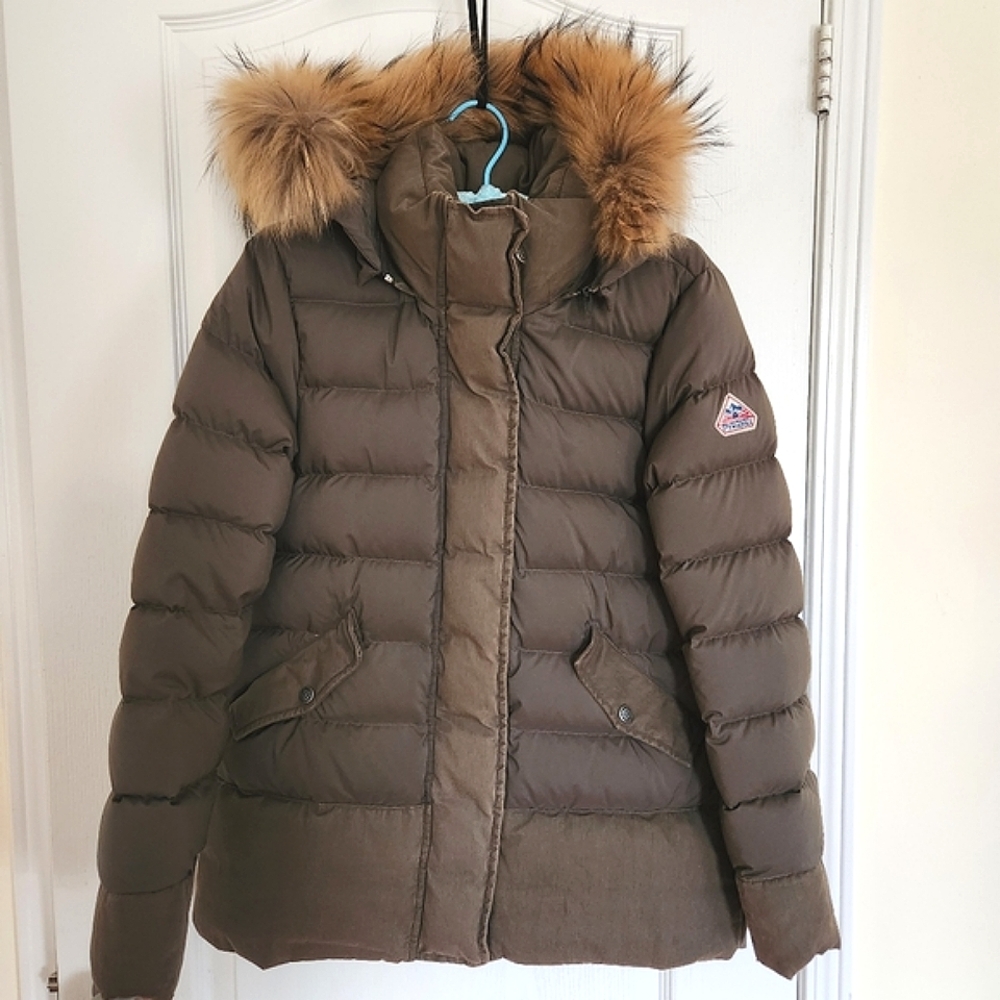 PYRENEX Halny down jacket in military green with fur, FR 40/US 6